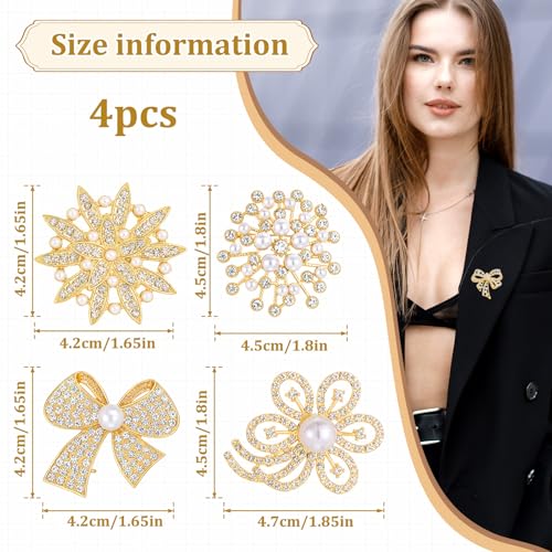 4pcs Brooches and Pins for Women, Flower Brooch, Crystal Pearl Brooch, for Women Fashion Accessories - style: rhinestones