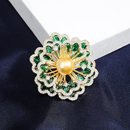 Brooches for Women, Shiny Cubic Zirconia Brooch Pins for Women Fashion Brooch Pin Broach Jewelry Gift - color: Green Peony Flower