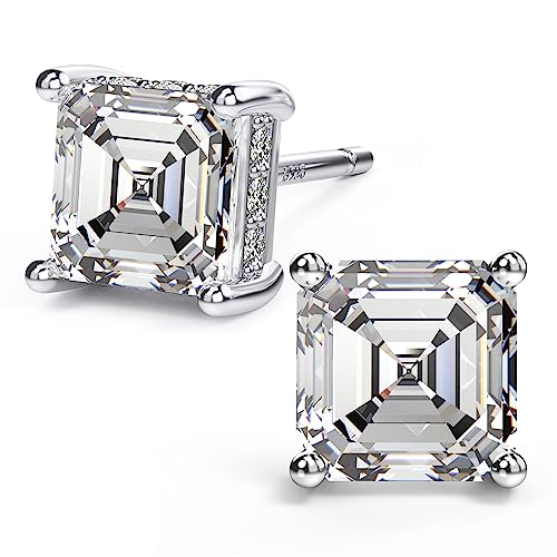 Asscher Cut Cubic Zirconia Stud Earrings for Men Women | Square CZ Simulated Diamond Studs, 18K White Gold Plated Sterling Silver - color: White Gold, size: 7MM