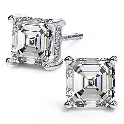 Asscher Cut Cubic Zirconia Stud Earrings for Men Women | Square CZ Simulated Diamond Studs, 18K White Gold Plated Sterling Silver - color: White Gold, size: 7MM