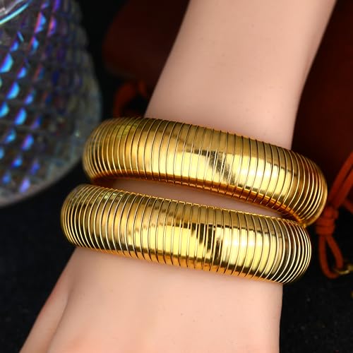 Gold Chunky Stretch Snake Chain Bangle Bracelets Stack for Women Trendy, 18K Gold Filled Stainless Steel Stretchy Womens Stackable Wristband Bangles Bracelet Set - style: 20MM 2PCS