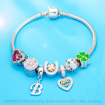 26 Letter Pendant Charms, Polished 925 Sterling Silver Complete Initial A-Z Dangling CZ Stone Alphabet Beads, fits European Bracelet Necklace, Gift for Mother/Father/Daughter/Son/Sister/Aunt - color: Letter B CZ Pendant Charm