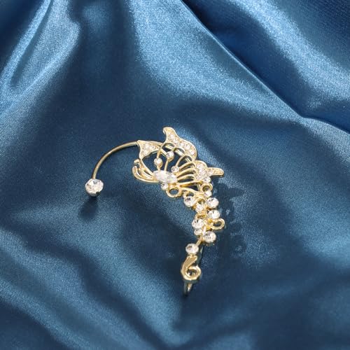 2Pcs Butterfly Ear Cuffs Rhinestone Clip On Earrings | Rhinestone butterfly ear cuffs with non piercing clip on design; silver ear wrap climber jewelry for parties and weddings - style: Style A Gold