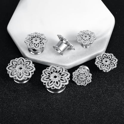Tunnels Gauges, 2PCS Stainless Steel Tunnel Set Hollow Flower Single Flared Ear Gauges Flesh Tunnel Plugs 4G - 3/4 inch Ear Piercing Jewelry - size: 0G(8mm)