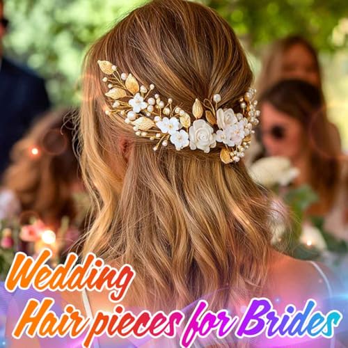 Flower Bride Wedding Hair Vine Pearl Bridal Hair Piece Leaf Hair Accessories Rhinestone Headband for Women (Gold) - color: Gold