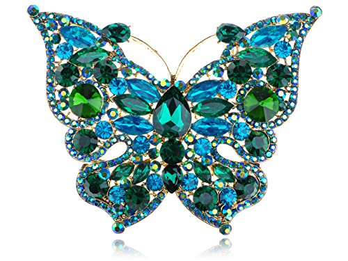 Alilang Golden Tone Sparkle Green Blue Crystal Rhinestones Butterfly Insect Brooch Lapel Pins for Hat Bag Suit Tie