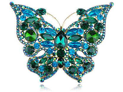 Alilang Golden Tone Sparkle Green Blue Crystal Rhinestones Butterfly Insect Brooch Lapel Pins for Hat Bag Suit Tie