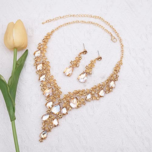 CSY Elegant Crystal Costume Jewelry Sets Flower Bridal Necklace Earrings Stretch Bangle Set for Bride Bridesmaid Wedding Dress Accessories - color: champagne gold