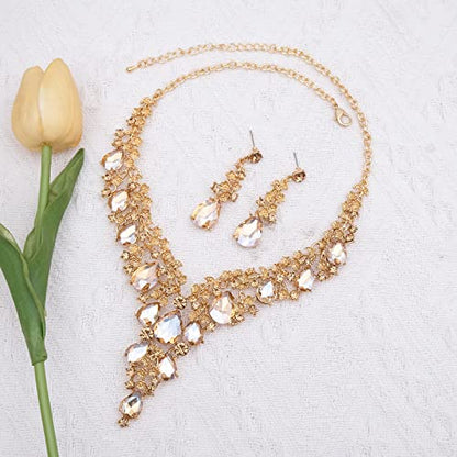 CSY Elegant Crystal Costume Jewelry Sets Flower Bridal Necklace Earrings Stretch Bangle Set for Bride Bridesmaid Wedding Dress Accessories - color: champagne gold