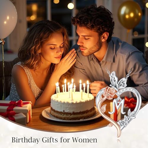 TOUPOP Gifts for Women Her 925 Sterling Silver Rose Heart Initial Necklace Butterfly Heart Jewelry Anniversary Birthday Gifts for Wife Girlfriend Mom - color: Silver