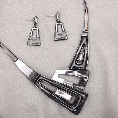 SFE Irregular Enamel Triangle Shape shell Collar Bib Bohemian Boho Statement Necklace Earrings Fashion Costume Jewelry Set for Women - color: Black-Gun Plated