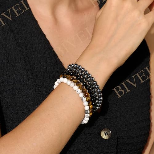 Bivei 6mm Beaded Bracelets for Women Handmade Semi Precious Natural Stone Stretch Elastic Jewelry Yoga Protection Gifts - color: Black Tourmaline - Protection & Grounding, size: Small 6.5-6.7 inch