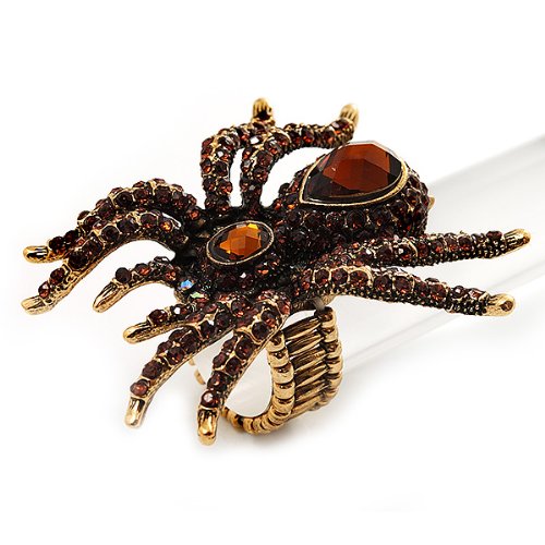 Avalaya Oversized Amber Coloured Crystal Spider Stretch Cocktail Ring (Antique Gold Tone)