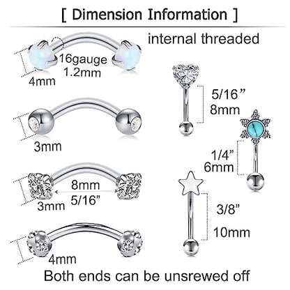 Rook Piercing Jewelry Rook Earrings for Women Eyebrow Rings Surgical Steel Vertical Labret Jewelry 16g 14g Curved Barbell Snug Daith Surface Tragus Piercing Jewelry Silver Gold - color: A5-silver-7 styles