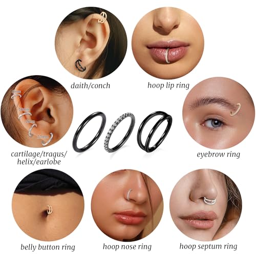 GAGABODY 2 Pcs Nose Rings 22G 20G 18G 16G 14G 12G 10G 8G Surgical Steel Piercing Rings for Nose Septum Cartilage Helix Tragus Conch Rook Daith Lobe from 5mm to 16mm Seamless Hoop Unisex Hinged Earrings - color: Black-Single&Double&CZ Hoop