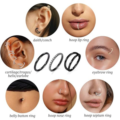GAGABODY 2 Pcs Nose Rings 22G 20G 18G 16G 14G 12G 10G 8G Surgical Steel Piercing Rings for Nose Septum Cartilage Helix Tragus Conch Rook Daith Lobe from 5mm to 16mm Seamless Hoop Unisex Hinged Earrings - color: Black-Single&Double&CZ Hoop