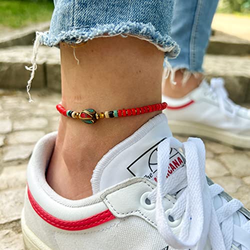 Made by Nami Boho Surfer Anklet Waterproof & Adjustable Beaded Anklets for Women Beachy Ankle Bracelet Made from Waxed Cotton Rope and Beads for Summer and Hippie Style - color: Red
