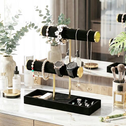 Coward Bracelet Necklace Holder Display, T-Bar Jewelry Holder Stand, Jewelry Organizer with Tray for Necklaces, Bangles,Rings Earrings Watches (Black Velvet) - color: Black