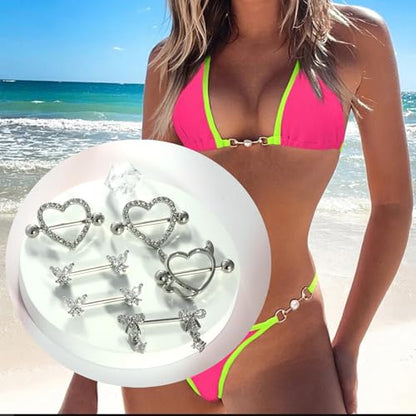 TIANCI FBYJS 6 Pairs 14G Nipple Rings for Women 316L Stainless Steel Heart Bow CZ Flower Barbell Nipple Rings Set Cute Nipplerings Piercing Jewelry - color: silver