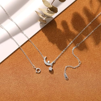 925 Sterling Silver Dainty Moon Star Necklaces for Women Daughter Mom | Moon Pendant Necklaces Trendy Non Tarnish 14K Gold Plated Cute Star CZ Charm Chain Jewish Birthday Wedding Gifts Jewelry - color: Silver