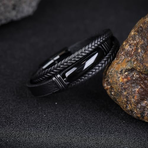 Mens Black Leather Obsidian/Turquoise/Tiger Eye/Red Agate Bracelet–Braided Multi‑Layer Wristband Cuff Bangle Bracelet with Stainless Steel Clasp Gift Jewelry Box Included - color: Obsidian Stone, size: 9in(Fits larger wrists)