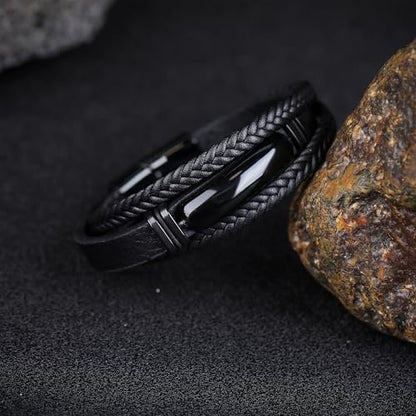 Mens Black Leather Obsidian/Turquoise/Tiger Eye/Red Agate Bracelet–Braided Multi‑Layer Wristband Cuff Bangle Bracelet with Stainless Steel Clasp Gift Jewelry Box Included - color: Obsidian Stone, size: 9in(Fits larger wrists)
