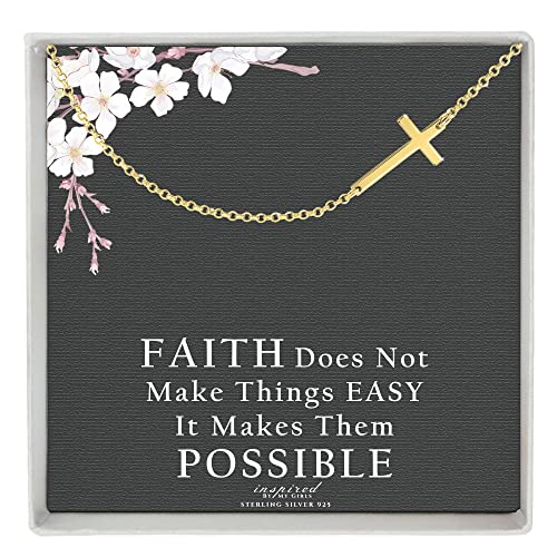Sterling Silver Sideways Cross Necklace with Adjustable Rolo Chain and Faith Keepsake Card Gift For Women - style: 14K Gold over Sterling Silver