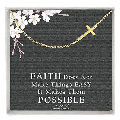 Sterling Silver Sideways Cross Necklace with Adjustable Rolo Chain and Faith Keepsake Card Gift For Women - style: 14K Gold over Sterling Silver