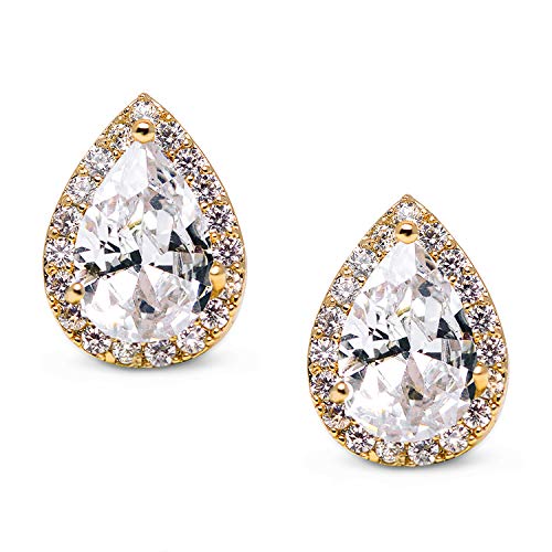 SWEETV Teardrop Bridal Wedding Earrings for Brides, Women | Elegant Pear shaped Cubic Zirconia Stud Earrings, Teardrop Bridal Jewelry, for Prom, Bridesmaid Gifts and Formal Wear - color: Gold