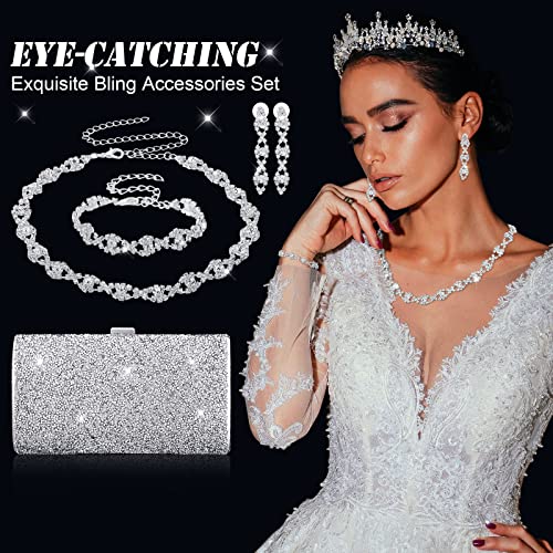 Mixweer 4 Pieces Clutch Purses Bag for Women Evening Rhinestone Jewelry Set Bling Necklace Earrings Bracelets Set for Wedding - style: Stylish Style