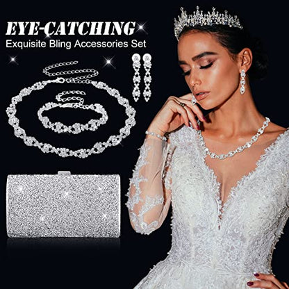 Mixweer 4 Pieces Clutch Purses Bag for Women Evening Rhinestone Jewelry Set Bling Necklace Earrings Bracelets Set for Wedding - style: Stylish Style