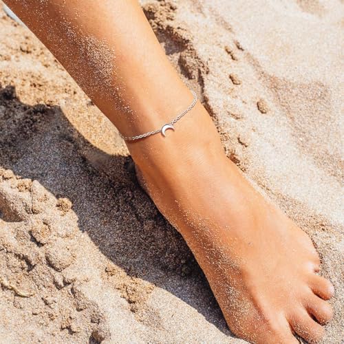 ChicSilver Personalized 925 Sterling Silver Tiny Heart/Moon/Star/Sun/Dot/Triangle Anklets Simple Dainty Foot Jewelry for Women, Silver/Gold Plated/Rose Gold Plated - style: Silver Moon Custom