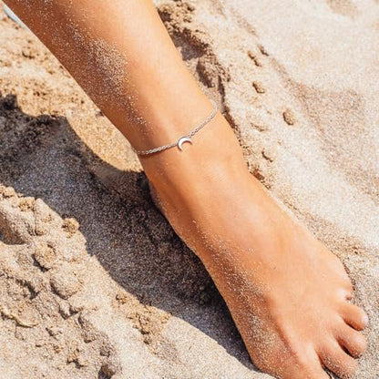 ChicSilver Personalized 925 Sterling Silver Tiny Heart/Moon/Star/Sun/Dot/Triangle Anklets Simple Dainty Foot Jewelry for Women, Silver/Gold Plated/Rose Gold Plated - style: Silver Moon Custom