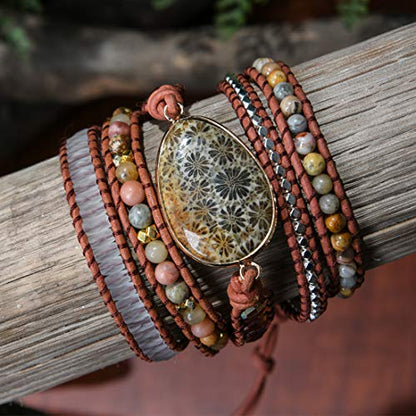 YGLINE Natural Stone Beaded Healing Wax String 5 Wraps Bracelets - color: coral jade