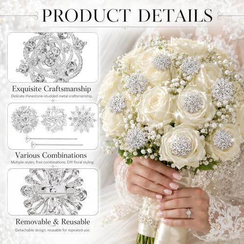 112 Pcs Sliver Crystal Wedding Bouquet Brooches for Women, Rhinestone Flower Brooch Pins Corsage Boutonniere Stick Pins for DIY Wedding Party Bouquets Embellishment Crafts Decor