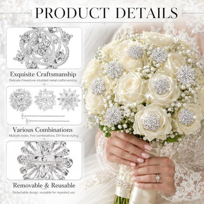 112 Pcs Sliver Crystal Wedding Bouquet Brooches for Women, Rhinestone Flower Brooch Pins Corsage Boutonniere Stick Pins for DIY Wedding Party Bouquets Embellishment Crafts Decor