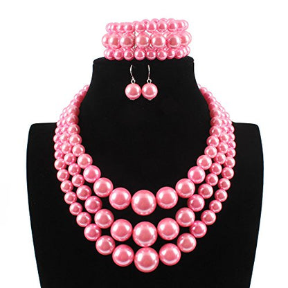 KOSMOS-LI Women's 3 Layer Simulated Pearl Statement 18" Necklace Bracelet and Earrings Jewelry Set Stocking Stuffers - color: pink
