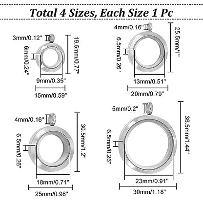 UNICRAFTALE 4Pcs 4 Sizes Living Memory Stainless Steel Crystal Photo Frame Locket Pendants Flat Round Floating Charm with Glass DIY Accessories for Jewelry Necklace Making