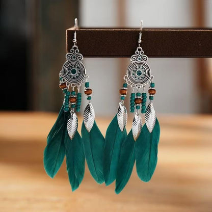 Boho Western Earrings for Women Western Feather Earrings Vintage Concho Turquoise Teardrop Dangle Earrings Country Concert Jewelry Accessories - style: Green feather