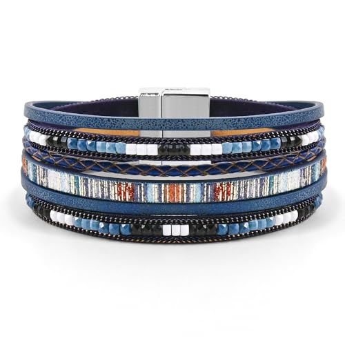 VIBILIA Boho Leather Wrap Bracelets for Women Multi-Layer Bracelets | With Strong Clasp Jewelry for Women - color: 03-BohoBraid-RoyalBlue