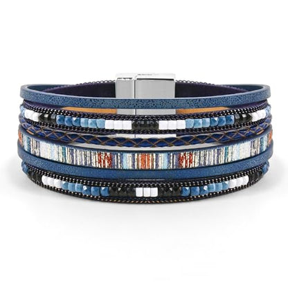 VIBILIA Boho Leather Wrap Bracelets for Women Multi-Layer Bracelets | With Strong Clasp Jewelry for Women - color: 03-BohoBraid-RoyalBlue