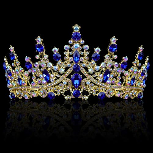 COCIDE Blue Crowns fpr Women Blue Tiaras for Women Royal Crown Hair Accessories Princess Halloween Cosplay Birthday Pageant Bride Headpieces Wedding Bridal - color: V3,Blue&Gold