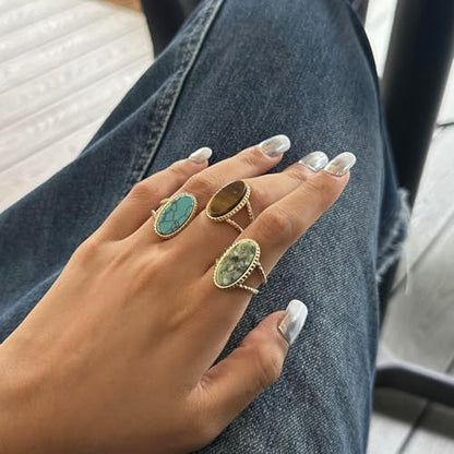 Western Captivating Tiger's Eye Stone Ring,Solitaire 8 * 10mm Oval Cut Gemstone 18K Gold Plated Stack 13mm Wide Ribbed Texture Band Statement Ring for Women - style: Tiger's Eye G