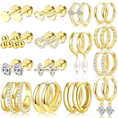 Nunpag 9 Pairs 14K Gold Plated Chunky Huggie Hoop Earrings Set for Women Hypoallergenic Stainless Steel Lightweight Small Earring Stacks for Multiple Piercings Non Tarnish Jewelry Gift Twisted 8-12mm - color: 15Pairs-Gold