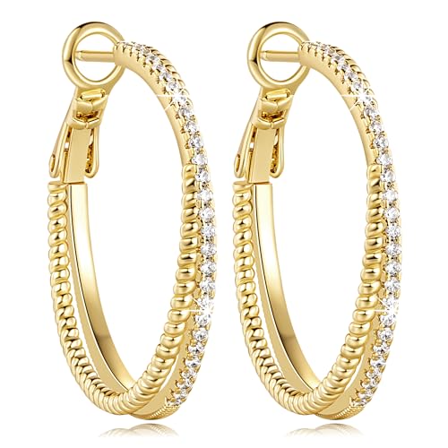 SANDRA REDD Gold Hoop Earrings 14K Gold Earrings for Women Gold Earrings | Cubic Zirconia 14K Gold Hoop Earrings for Women Hypoallergenic Lightweight Gold Hoop Earrings for Women 25/30/40mm - size: 30mm