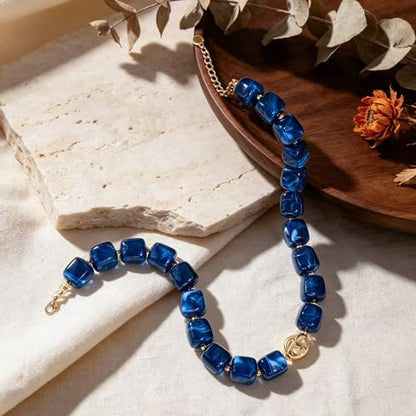 Beaded Necklaces for Women Boho Chunky Necklace Statement Big Resin Bead Choker Fashion Summer Beach Jewelry - color: Royal Blue