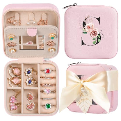 AYGXU Travel Jewelry Box for Women and Girls - Small Case With Initial A-Z - Teacher Gifts - color: pink, size: S