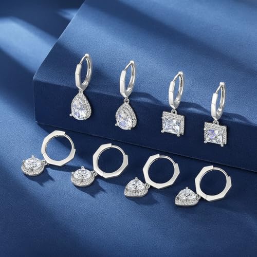 2-4 Pairs Dangle Drop Earrings for Women, 18K Gold Plated Cubic Zirconia Drop Dangle Huggie Hoop Earrings CZ Teardrop Hypoallergenic Jewelry - color: White Gold