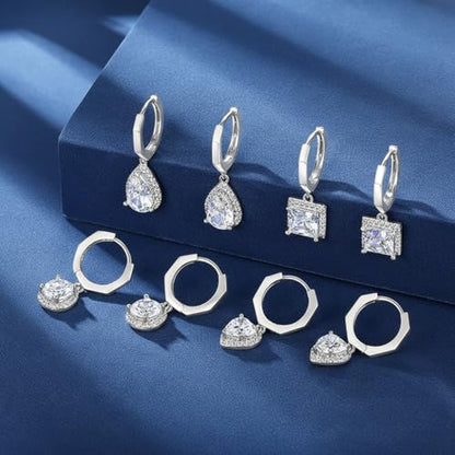 2-4 Pairs Dangle Drop Earrings for Women, 18K Gold Plated Cubic Zirconia Drop Dangle Huggie Hoop Earrings CZ Teardrop Hypoallergenic Jewelry - color: White Gold