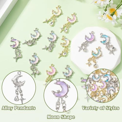 Moon Charms for Jewelry Making Alloy StarCharms Glass Golden Silver Metal Pendants for DIY Earring Bracelet - color: Silver